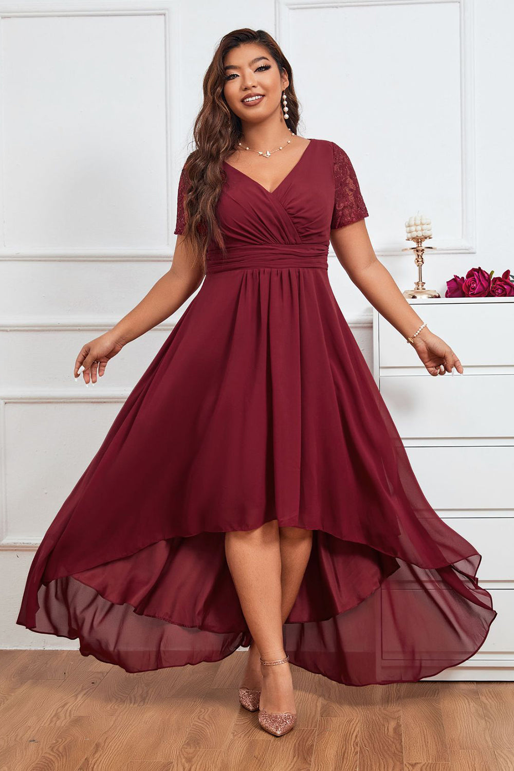 Plus Size Burgundy Mother of Bride Dress with Short Sleeves