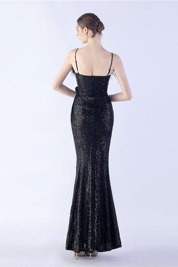 Black Spaghetti Straps Sheath Sequin Formal Dress with Feather