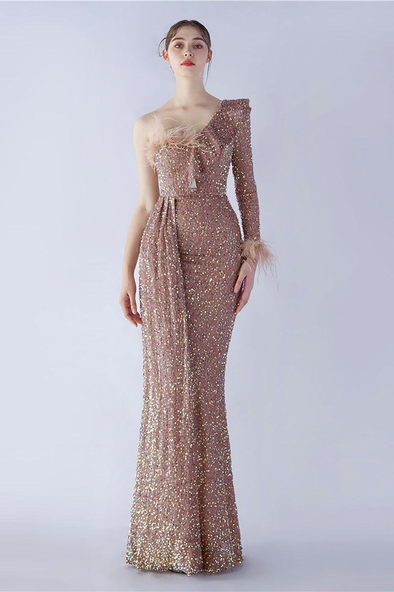 Load image into Gallery viewer, Mermaid One Shoulder Sequin Formal Dress With Feathers