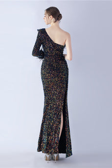 Mermaid One Shoulder Sequin Formal Dress With Feathers