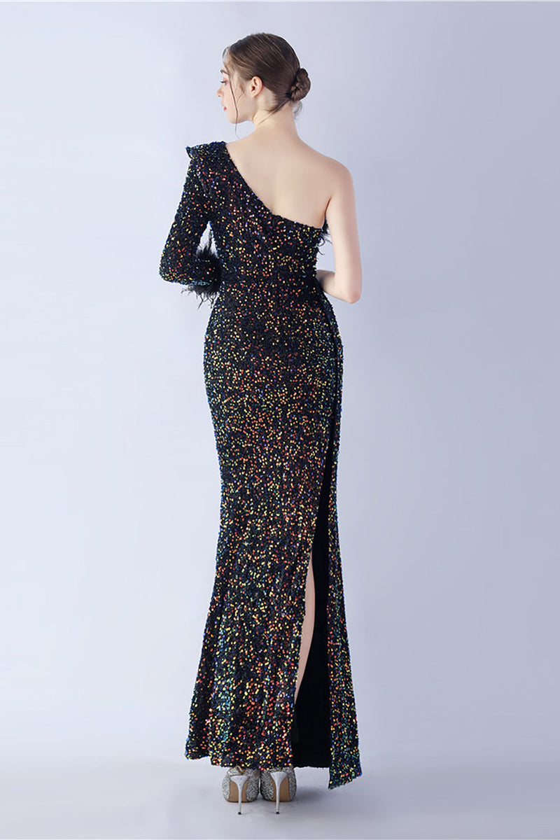 Load image into Gallery viewer, Mermaid One Shoulder Sequin Formal Dress With Feathers