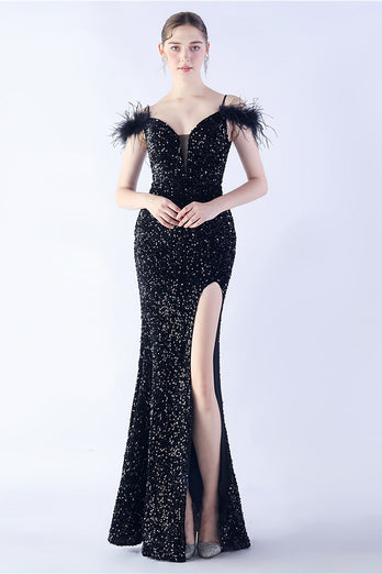 Mermaid Spaghetti Straps Sequin Formal Evening Dress With Feathers