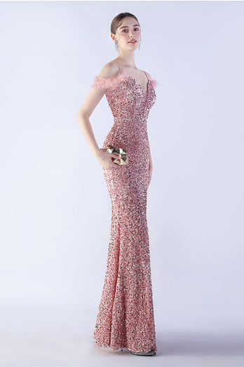 Mermaid Spaghetti Straps Sequin Formal Evening Dress With Feathers