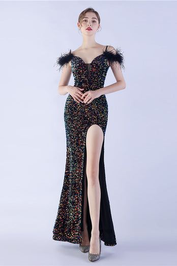 Mermaid Spaghetti Straps Sequin Formal Evening Dress With Feathers