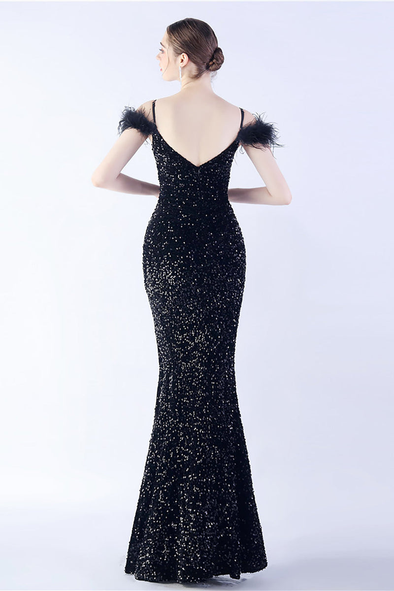 Load image into Gallery viewer, Mermaid Spaghetti Straps Sequin Formal Evening Dress With Feathers