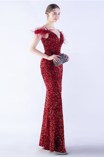 Mermaid Spaghetti Straps Sequin Formal Evening Dress With Feathers