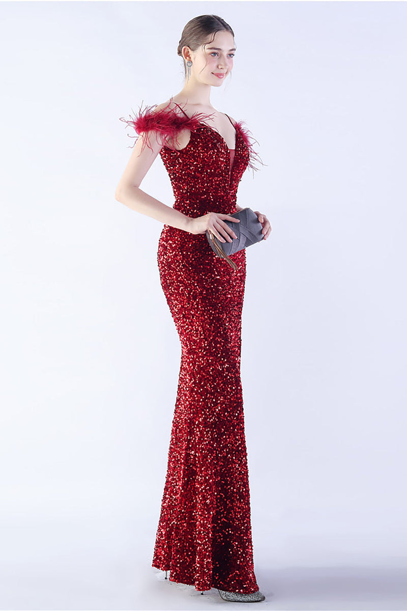 Load image into Gallery viewer, Mermaid Spaghetti Straps Sequin Formal Evening Dress With Feathers