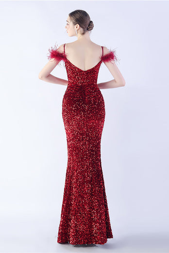 Mermaid Spaghetti Straps Sequin Formal Evening Dress With Feathers