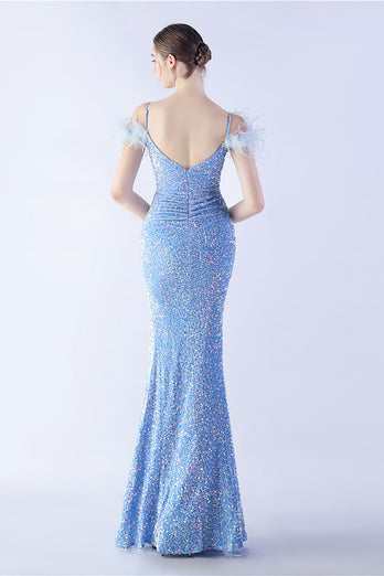 Mermaid Spaghetti Straps Sequin Formal Evening Dress With Feathers