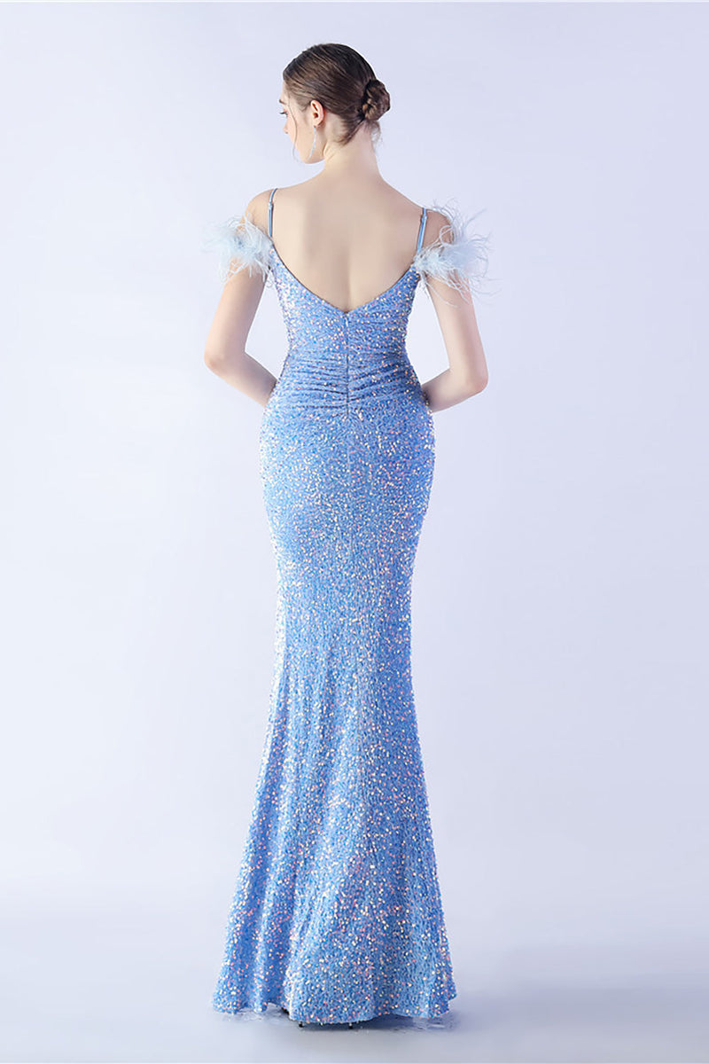 Load image into Gallery viewer, Mermaid Spaghetti Straps Sequin Formal Evening Dress With Feathers