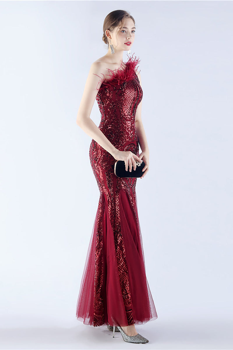 Load image into Gallery viewer, Burgundy Mermaid One Shoulder Mesh and Beaded Evening Dress With Feathers