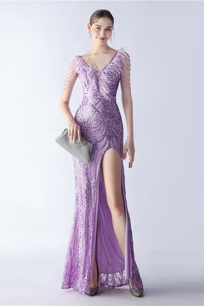 Lilac Mermaid V Neck Sequin and Beaded Ostrich Feathers Evening Dress With Slit