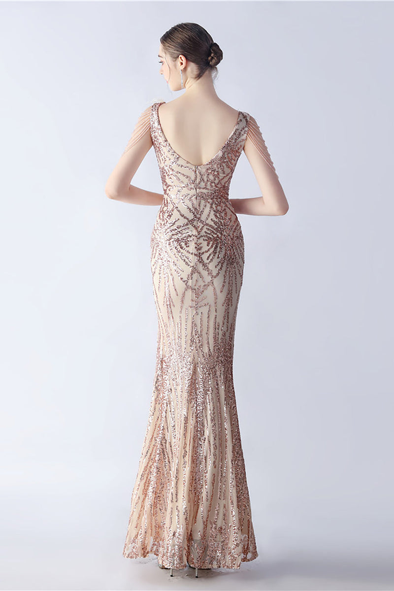 Load image into Gallery viewer, Lilac Mermaid V Neck Sequin and Beaded Ostrich Feathers Evening Dress With Slit