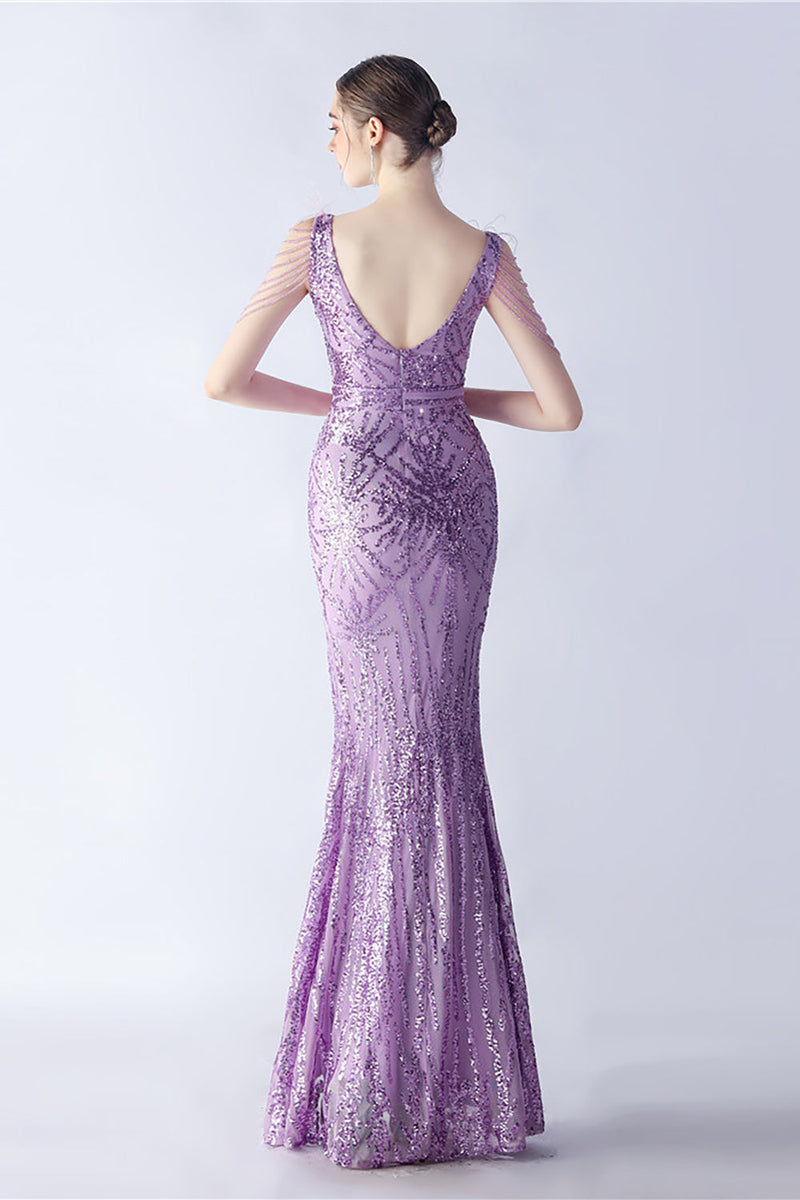 Load image into Gallery viewer, Lilac Mermaid V Neck Sequin and Beaded Ostrich Feathers Evening Dress With Slit