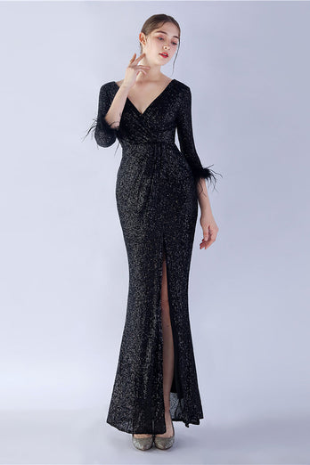 Navy Sequin V-neck Half Sleeves Sheath Formal Dress with Feather