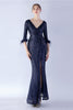 Load image into Gallery viewer, Navy Sequin V-neck Half Sleeves Sheath Formal Dress with Feather