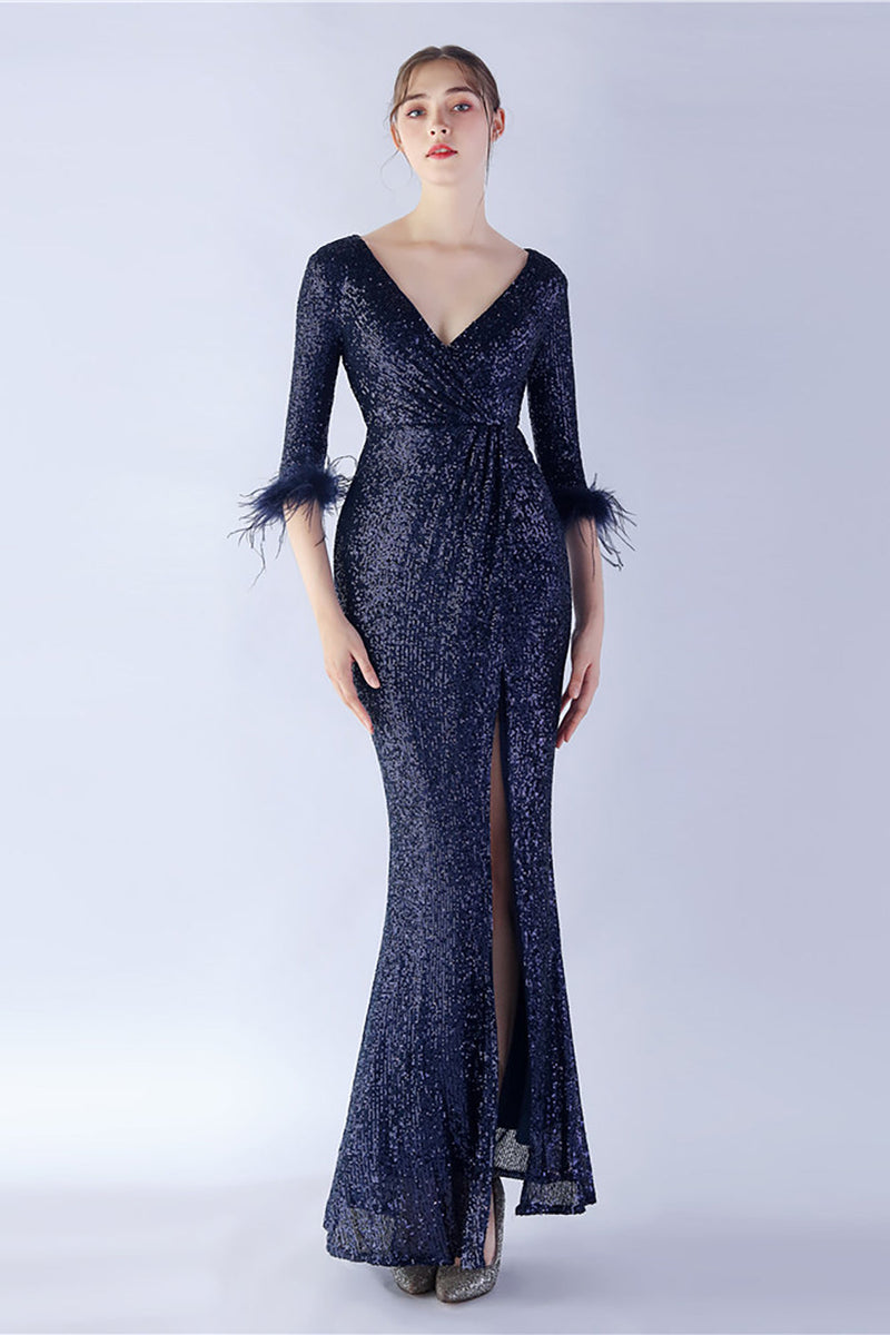 Load image into Gallery viewer, Navy Sequin V-neck Half Sleeves Sheath Formal Dress with Feather