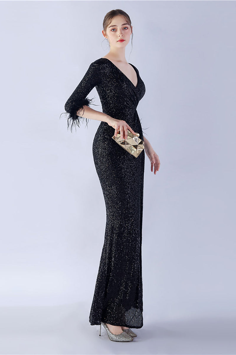 Load image into Gallery viewer, Navy Sequin V-neck Half Sleeves Sheath Formal Dress with Feather