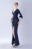 Load image into Gallery viewer, Navy Sequin V-neck Half Sleeves Sheath Formal Dress with Feather