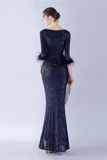 Navy Sequin V-neck Half Sleeves Sheath Formal Dress with Feather