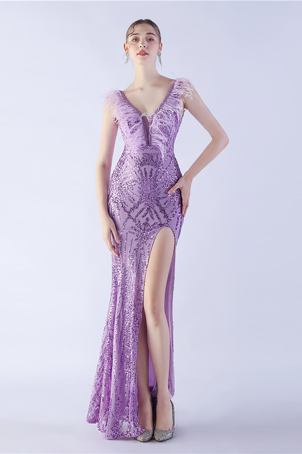 Lilac Mermaid V Neck Side Slit Beaded Evening Dress With Feather