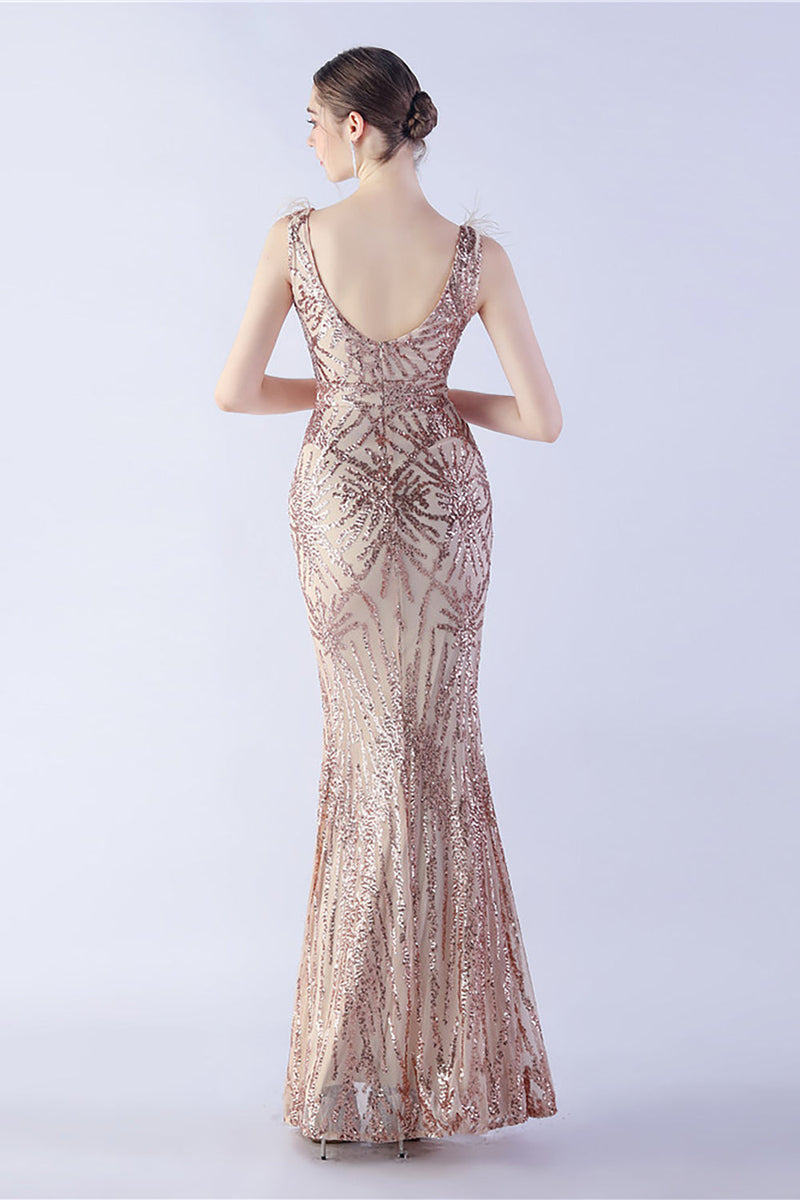 Load image into Gallery viewer, Lilac Mermaid V Neck Side Slit Beaded Evening Dress With Feather