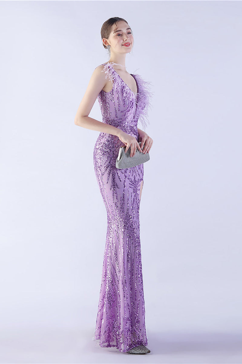 Load image into Gallery viewer, Lilac Mermaid V Neck Side Slit Beaded Evening Dress With Feather