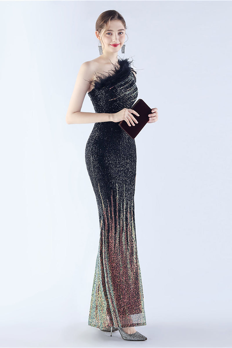 Load image into Gallery viewer, Glitter Black Beaded Bodycon Feather Slope-Neck One-Shoulder Evening Dress With Slit