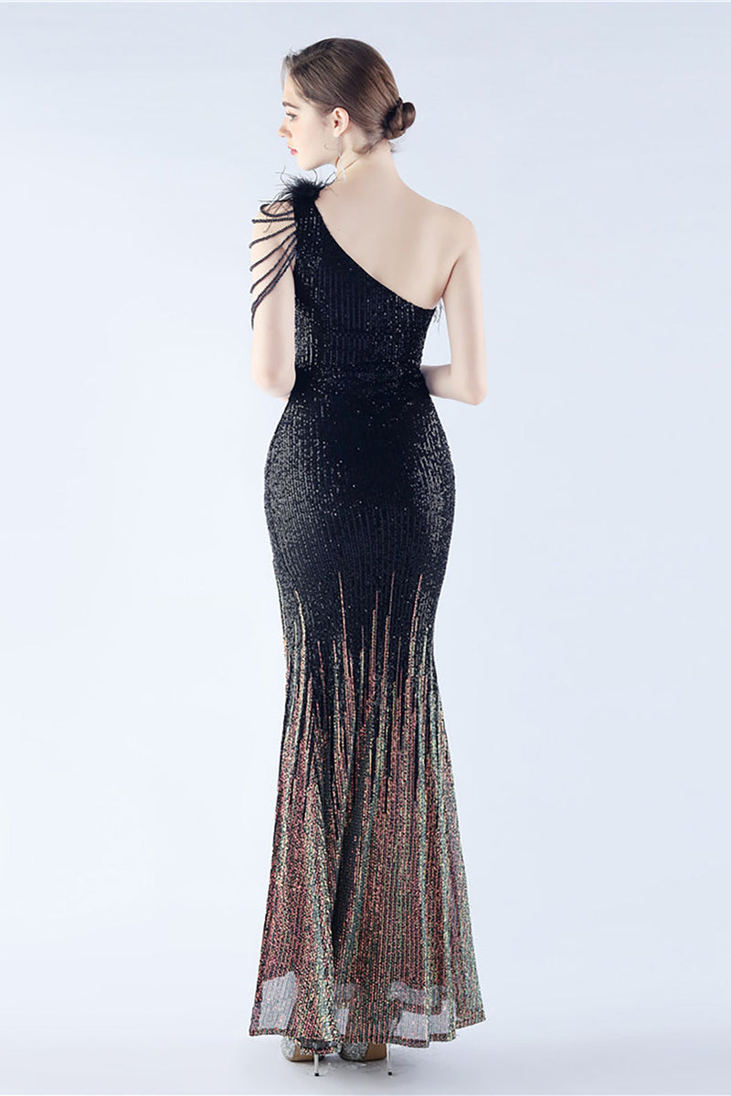 Load image into Gallery viewer, Glitter Black Beaded Bodycon Feather Slope-Neck One-Shoulder Evening Dress With Slit