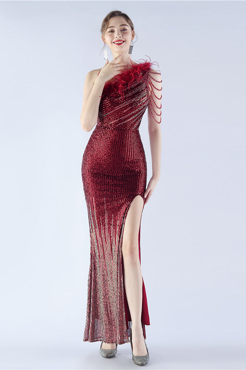 Load image into Gallery viewer, Glitter Black Beaded Bodycon Feather Slope-Neck One-Shoulder Evening Dress With Slit