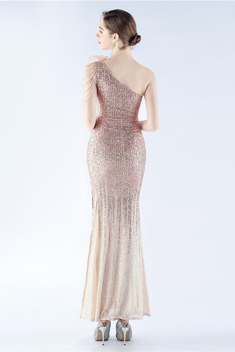 Load image into Gallery viewer, Glitter Black Beaded Bodycon Feather Slope-Neck One-Shoulder Evening Dress With Slit