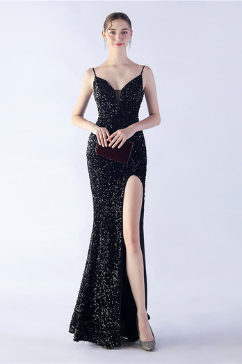 Glitter Mermaid Spaghetti Straps Beaded Symphony Black Formal Dress With Side Slit