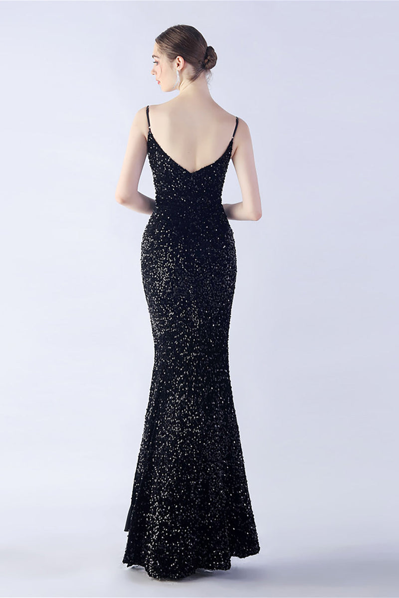 Load image into Gallery viewer, Glitter Mermaid Spaghetti Straps Beaded Symphony Black Formal Dress With Side Slit