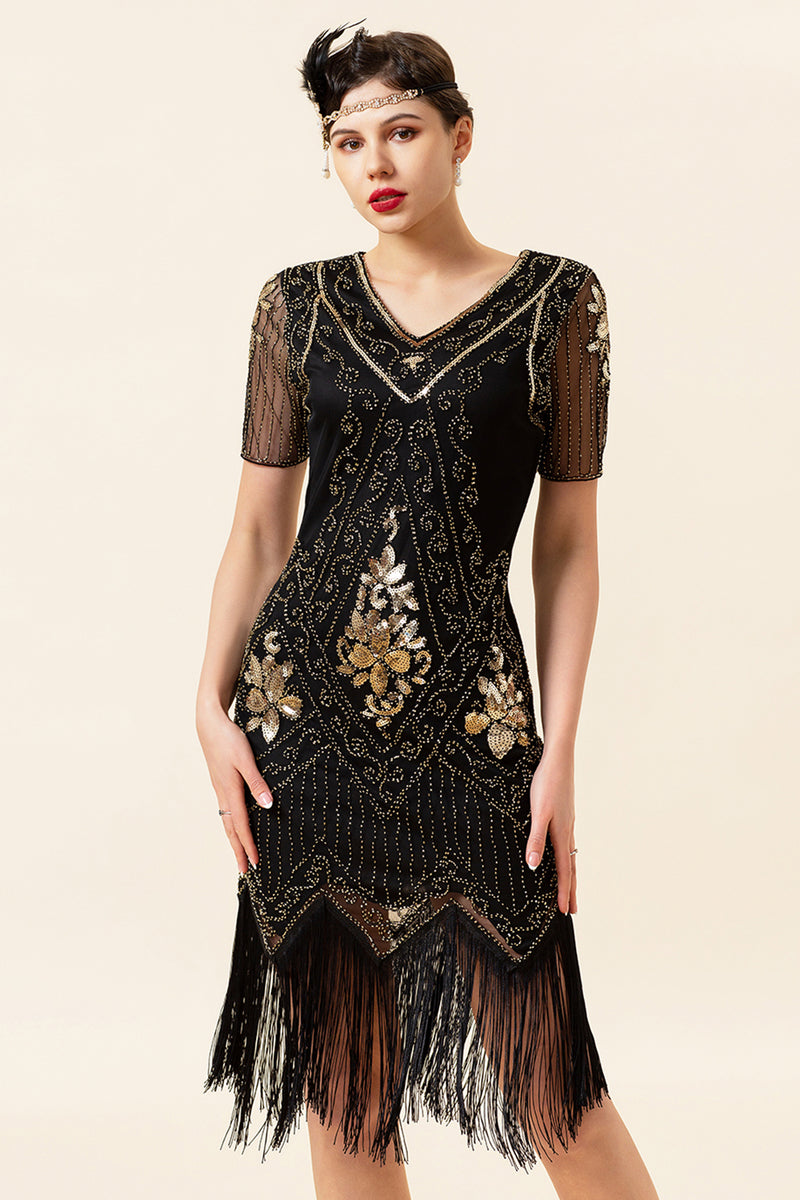 Load image into Gallery viewer, V Neck Black 1920s Flapper Dress