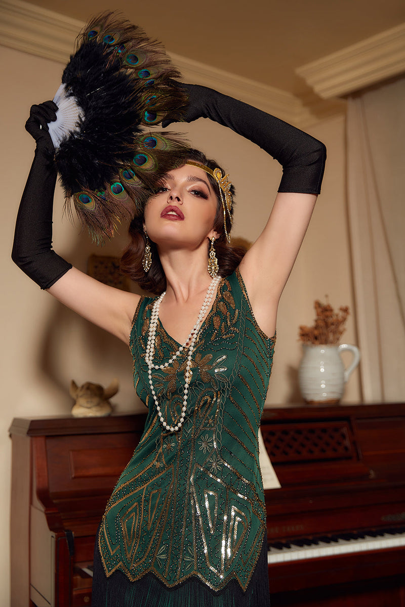 Load image into Gallery viewer, Green V Neck 1920s Great Gatsby Dress