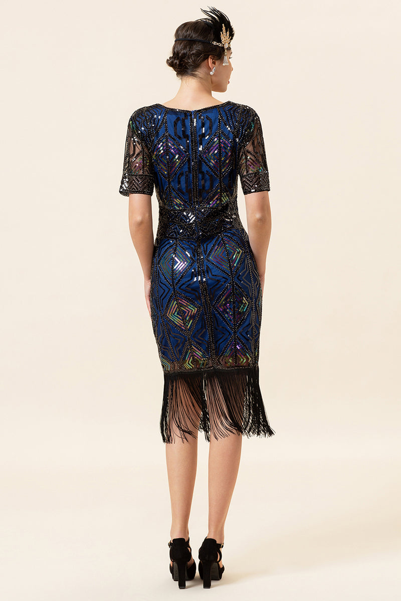 Load image into Gallery viewer, Blue Sequins Fringe Gatsby 1920s Dress with Sleeves