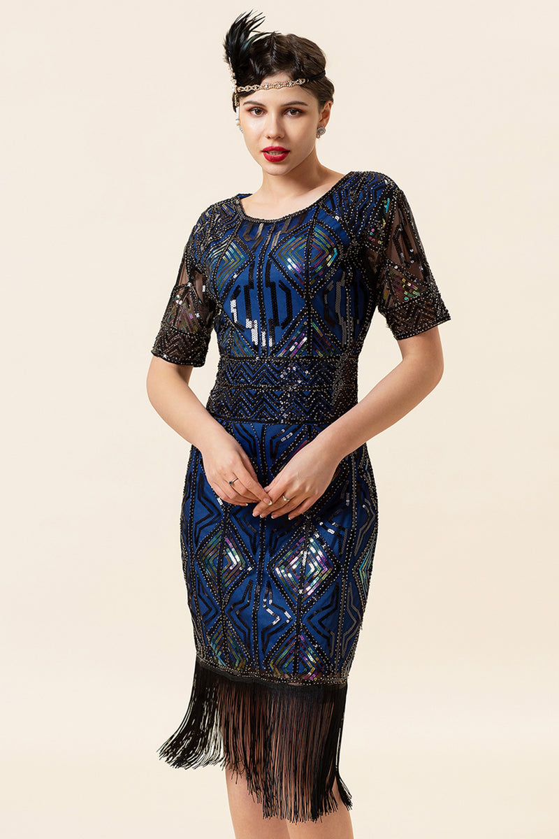 Load image into Gallery viewer, Blue Sequins Fringe Gatsby 1920s Dress with Sleeves