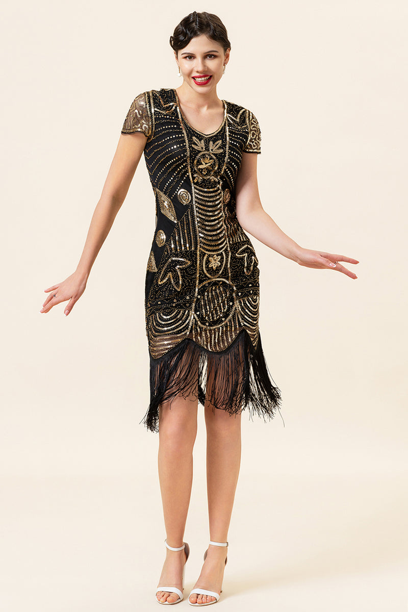 Load image into Gallery viewer, Black Golden 1920 Retro Sequin Dress