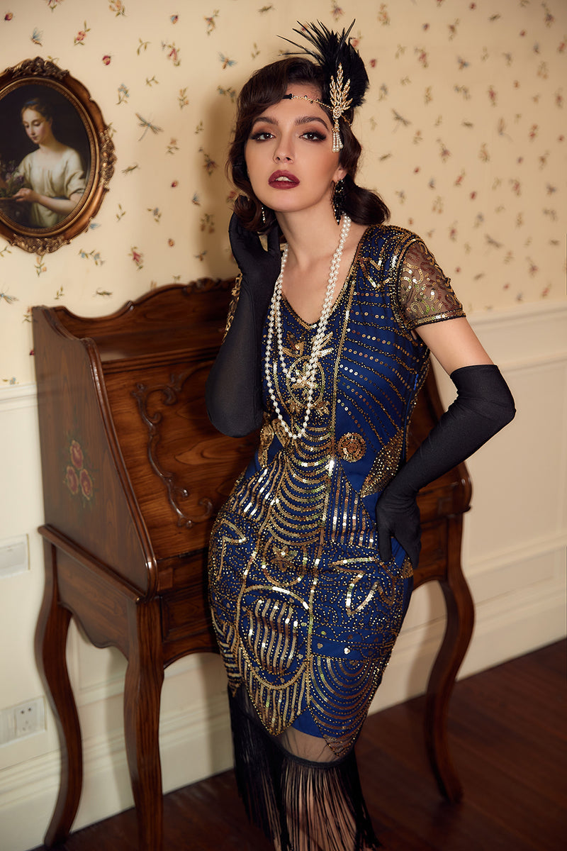 Load image into Gallery viewer, Black Golden 1920 Retro Sequin Dress