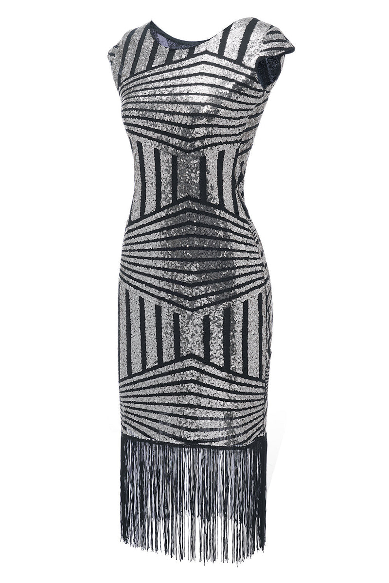 Load image into Gallery viewer, Silver Round Neck 1920s Flapper Dress