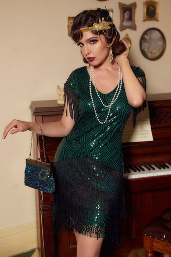 Black Green 1920s Dress with Sequins