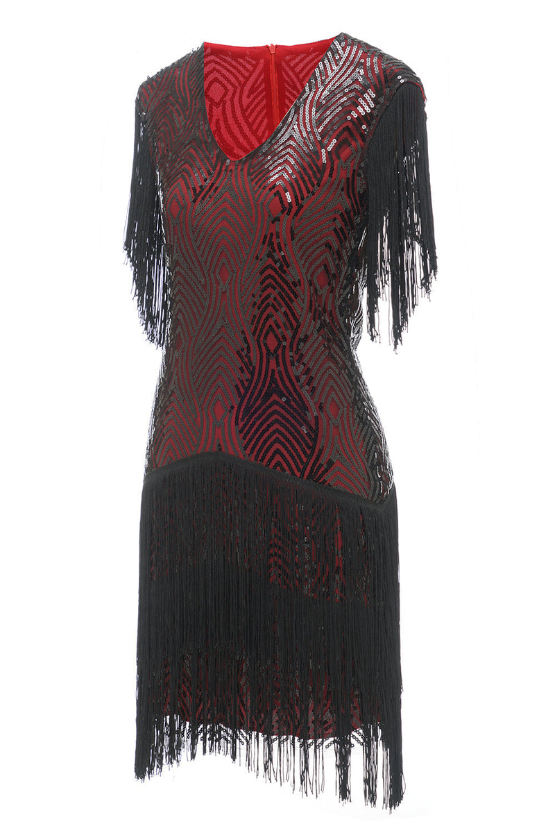 Load image into Gallery viewer, Black Red V Neck 1920s Party Dress