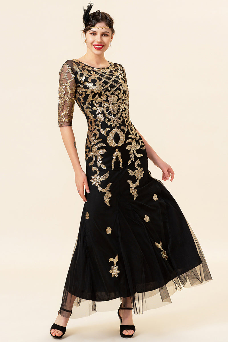 Load image into Gallery viewer, Black Golden Sequins 1920s Dress