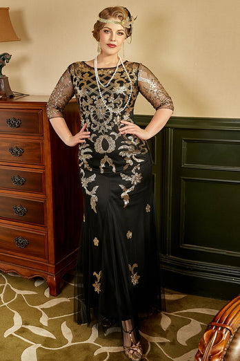 Black Golden Plus Size 1920s Sequins Dress