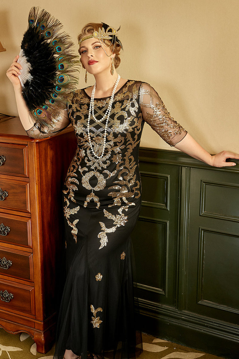 Load image into Gallery viewer, Black Golden Plus Size 1920s Sequins Dress