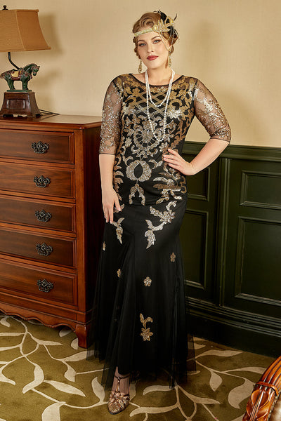 Black Golden Plus Size 1920s Sequins Dress