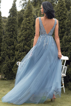 A-Line Long Blue Formal Dress with Appliques