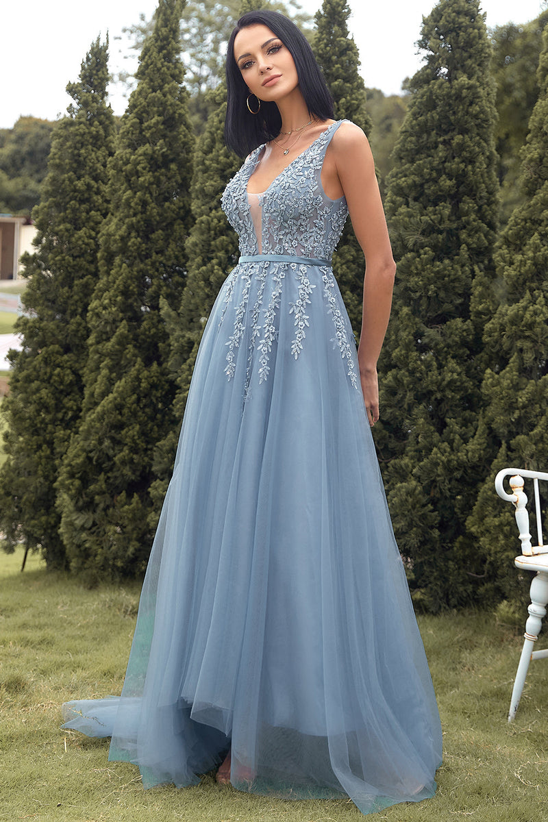 Load image into Gallery viewer, A-Line Long Blue Formal Dress with Appliques