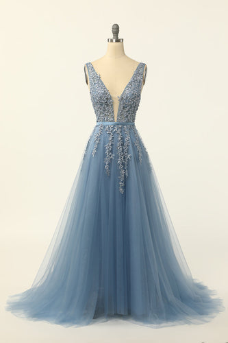 Blue Tulle Formal Dress with Appliques