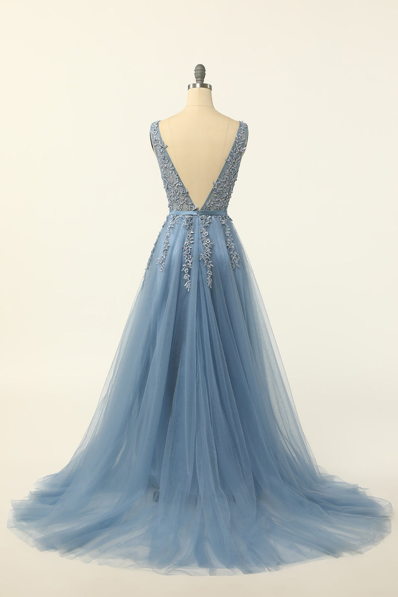 Load image into Gallery viewer, Blue Tulle Formal Dress with Appliques